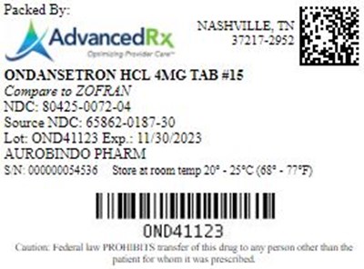 Ondansetron HCl 4mg Tab Qty 15 Ndc 80425 0072